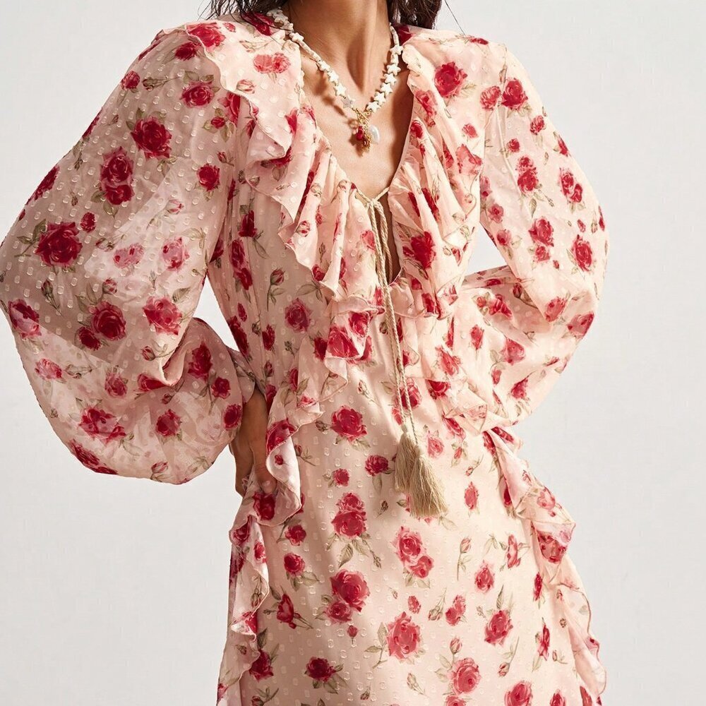 Apricot Boho Women's Bohemian Floral Print Ruffle Trim Long Sleeve Dress - Picture 3 of 8